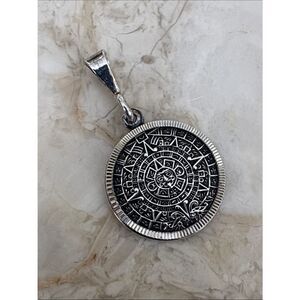 925 Sterling Silver Aztec Calendar Pendant Medallion Charm